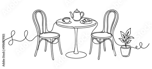 Cafe bistro table with chairs and tea set, cozy breakfast setting in continuous line style. vector illustration