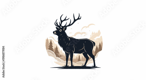 Majestic stag with large antlers stands in a stylized forest with clouds