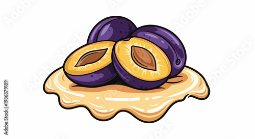 Juicy plum halves and whole fruit on a swirl of golden sauce