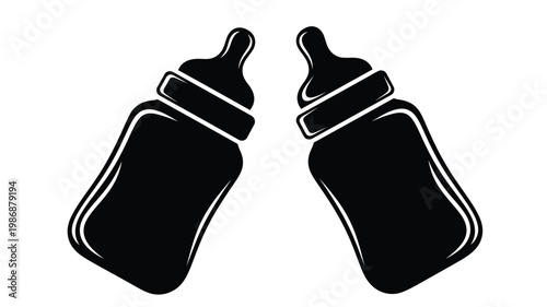 Two baby bottles depicted in a stark black silhouette