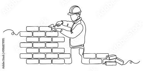 Continuous line art of a male construction worker building a brick wall. vector illustration