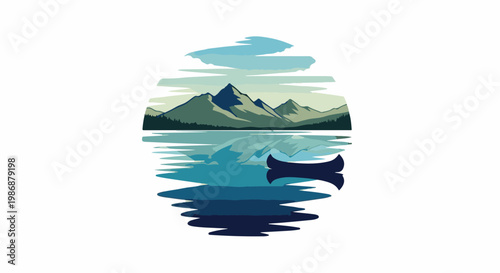 Minimalist mountain lake reflection with canoe