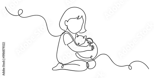 Continuous line art of little girl sitting with holding a cat, friendship between child and animal. vector illustration