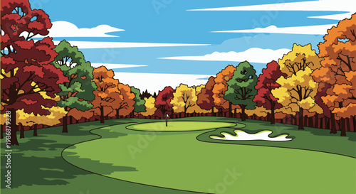 Lush golf course fairway and green surrounded by colorful autumn trees