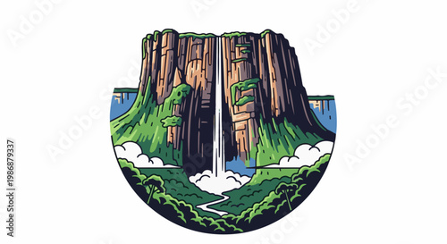 Lush green cliffs with a towering waterfall cascading into a misty jungle