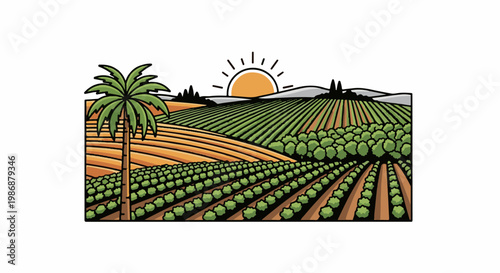 Lush green fields with a lone palm tree and a rising sun