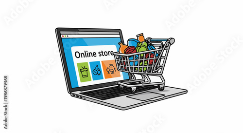 Laptop displaying online store with shopping cart full of goods