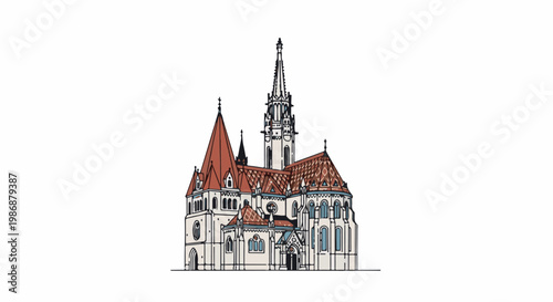 Intricate Gothic-style building with multiple spires and tiled roofs