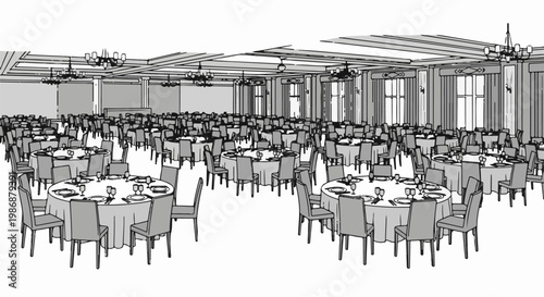 Large banquet hall filled with round tables and chairs, set for dining