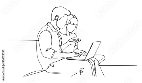 Continuous line art of young couple sitting with working together on a laptop, concept of digital collaboration, coworking and technology use. vector illustration