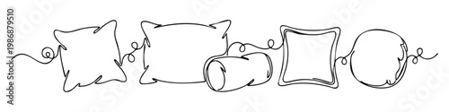 Continuous line drawing of different decorative throw pillows and cushions for home decor. vector illustration