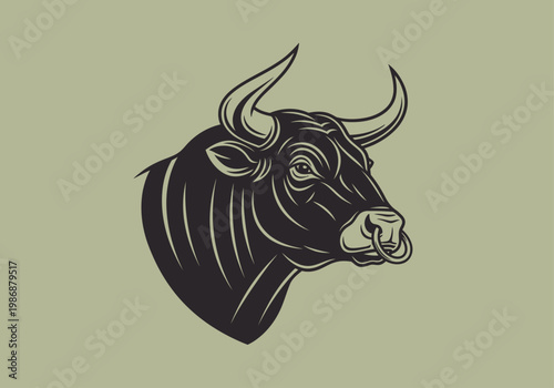 Strong Bull Head Vector Illustration with Horns and Nose Ring - Powerful Ox Mascot and Taurus Zodiac Symbol for Logos and Apparel Design