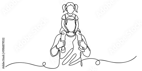 Continuous line drawing of father carrying his daughter on his shoulders, parenthood and family bonding. vector illustration