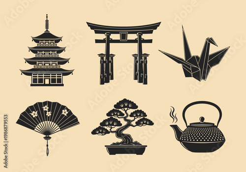 Set of Traditional Japanese Culture Symbols Including Pagoda, Torii Gate, Origami Crane, Folding Fan, Bonsai Tree, and Teapot - Black Silhouettes on Beige Background