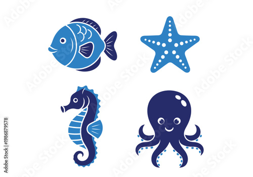 Blue Sea Animal Icons Set: Seahorse, Octopus, Fish, and Starfish Vector Illustration Isolated on White Background