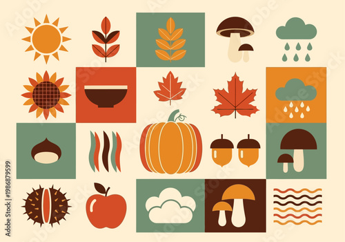 Autumn Seasonal Icon Set in Retro Flat Style with Pumpkin, Maple Leaves, Mushrooms, and Rain Icons. Minimalist Fall Harvest Vector Illustration.