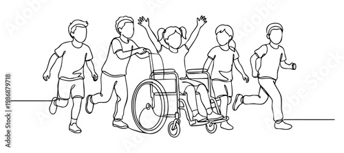 Group of happy children playing and running together with a friend in wheelchair in continuous line art style. vector illustration