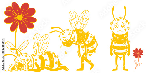 Set of sick and sad cartoon bees infected with virus wearing protective masks