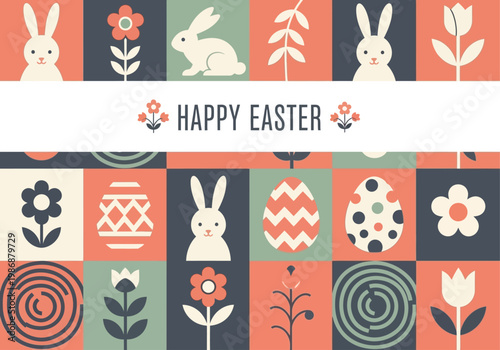 Happy Easter Banner with Modern Flat Design Rabbits, Colorful Patterned Eggs, and Spring Flowers in Geometric Grid Layout