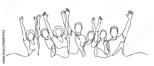 Group of people cheering with rising hands, diverse crowd celebrating together in continuous line art style. vector illustration