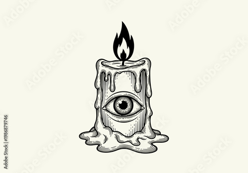 Mystical Eye in Melting Candle Illustration, Surreal Esoteric Occult Symbol in Vintage Woodcut Style