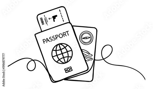 International travel concept with passport and boarding ticket line art. vector illustration
