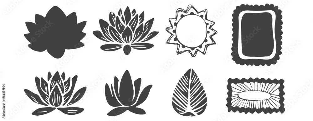 Fototapeta premium Black lotus flowers and decorative sun frames in rustic linocut style. Minimalist hand-drawn floral elements and scalloped borders for zen, yoga, and organic design. Isolated on white background.