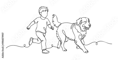 Minimalist line art illustration of a young boy running with pet dog playing together. vector