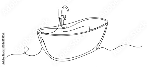 Minimalist line art illustration of luxury oval soaking bathtub with faucet. vector