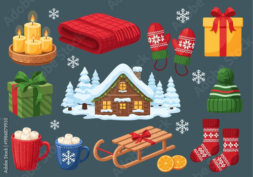 Cozy Winter and Christmas Elements Collection with Snowy Log Cabin, Hot Chocolate, Knitted Socks, Gifts, and Holiday Decorations - Vector Illustration