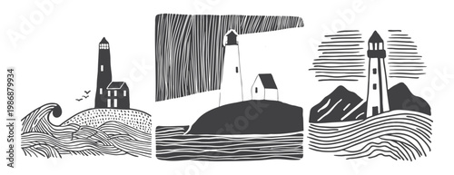 Lighthouse linocut vector set. Nautical maritime illustrations in minimalist woodcut style. Black and white sea waves, coastal beacons, and island landscapes. Hand-drawn ink aesthetic for posters
