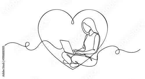 Woman sitting with laptop inside a heart shape, remote work, working from home in minimalist line art illustration style. vector
