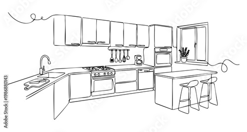 Modern contemporary kitchen interior with cabinets and appliances, bar stools in minimalist line art illustration style. vector