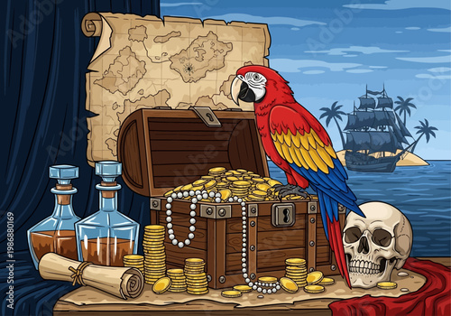 Pirate Treasure Chest Illustration with Macaw Parrot, Gold Coins, Skull, and Treasure Map on Tropical Island Background