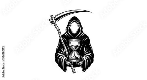Hooded Grim Reaper Holding Scythe And Hourglass.