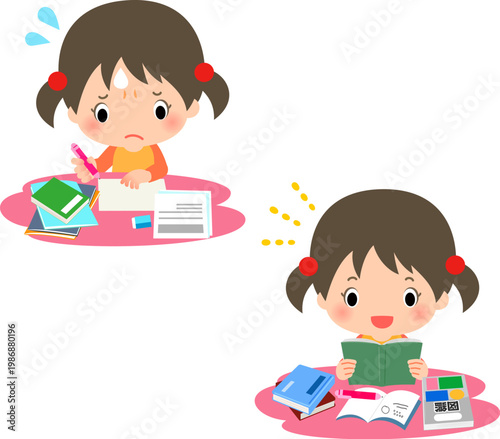 大変そうに課題をやる女の子と楽しそうに勉強する女の子