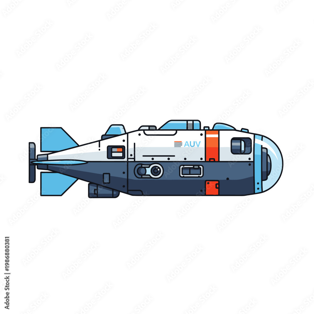 Fototapeta premium Underwater Autonomous Vehicle (AUV) illustration with fins and dome, white and blue
