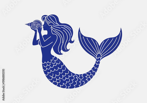 Blue Silhouette of a Mermaid Holding a Conch Seashell Isolated on Light Background