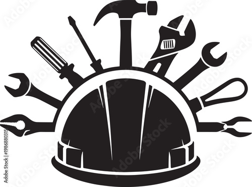 Black and white construction tools and hard hat icon for labor repair diy projects and industry