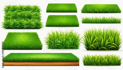 Lush green grass patches vector set, isolated on white background.
 