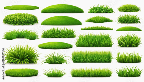 Lush green grass patches vector set, isolated on white background.
 
