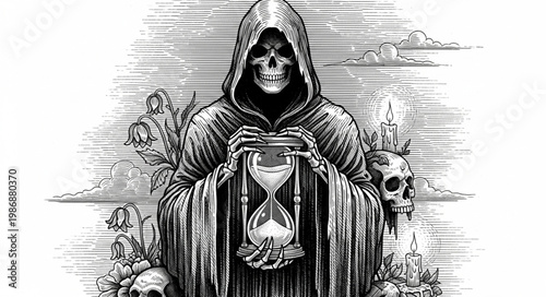 Hooded Grim Reaper Holding Hourglass Of Time.