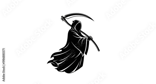 Hooded Grim Reaper Figure Wielding Scythe Silhouette.