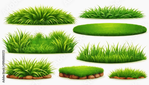 Lush green grass patches vector set, isolated on white background.
 
