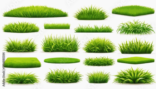 Lush green grass patches vector set, isolated on white background.
 