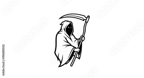Hooded Grim Reaper Figure Holding Scythe Illustration.