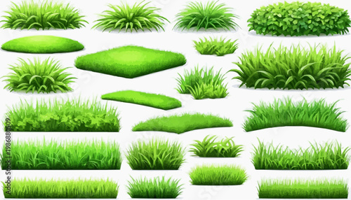 Lush green grass patches vector set, isolated on white background.
 