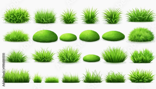 Lush green grass patches vector set, isolated on white background.
 