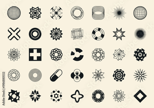 Minimalist Y2K Brutalist Geometric Shapes and Icons Collection, Black Abstract Symbols for Branding and Logo Design