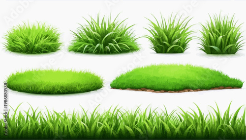 Lush green grass patches vector set, isolated on white background.
 